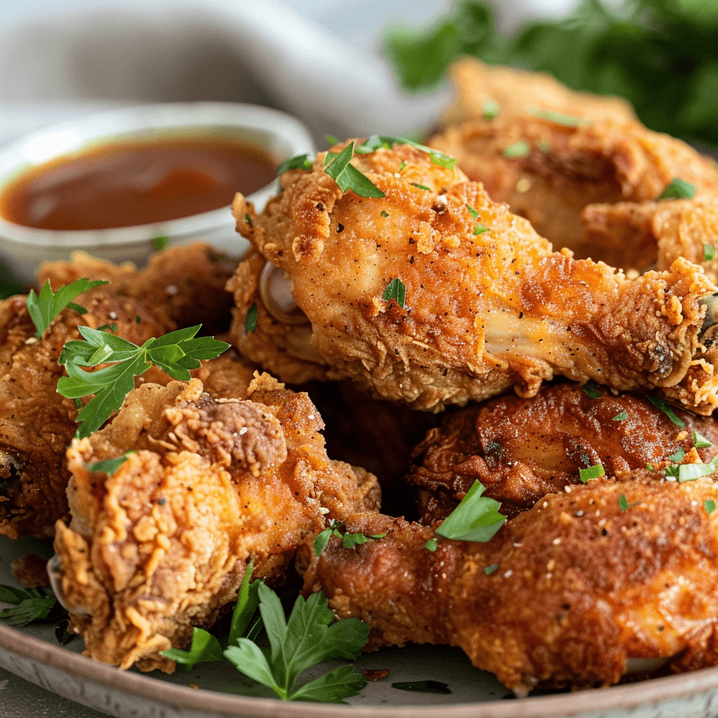 A plate of fried chicken served with a variety of dipping sauces, including banana ketchup and spicy vinegar.