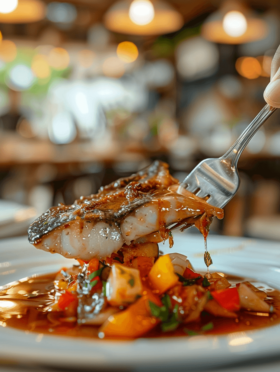 A first-person perspective of a fork lifting a piece of fish from a plate of Escabeche.
