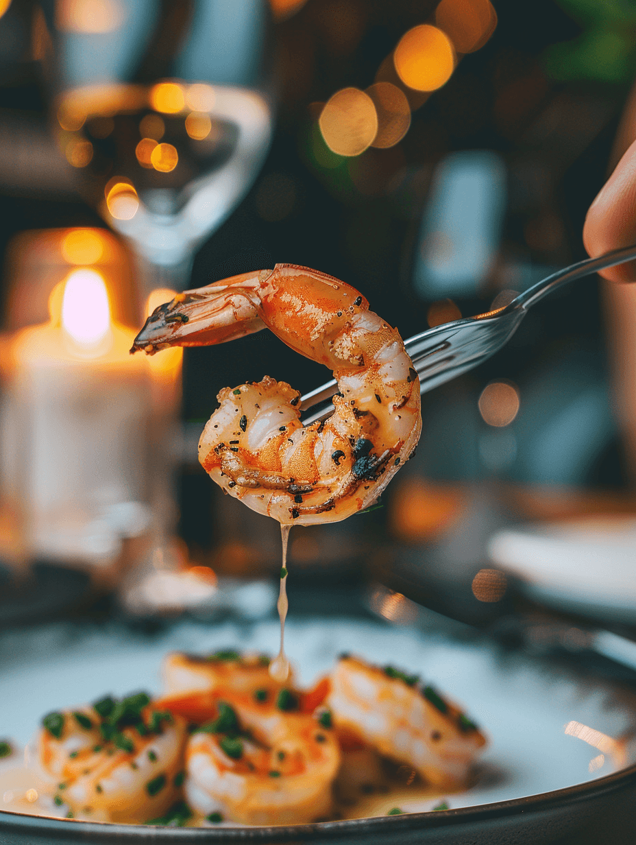 A first-person perspective of enjoying a forkful of Gambas al Ajillo, with juicy shrimp coated in garlic butter sauce.