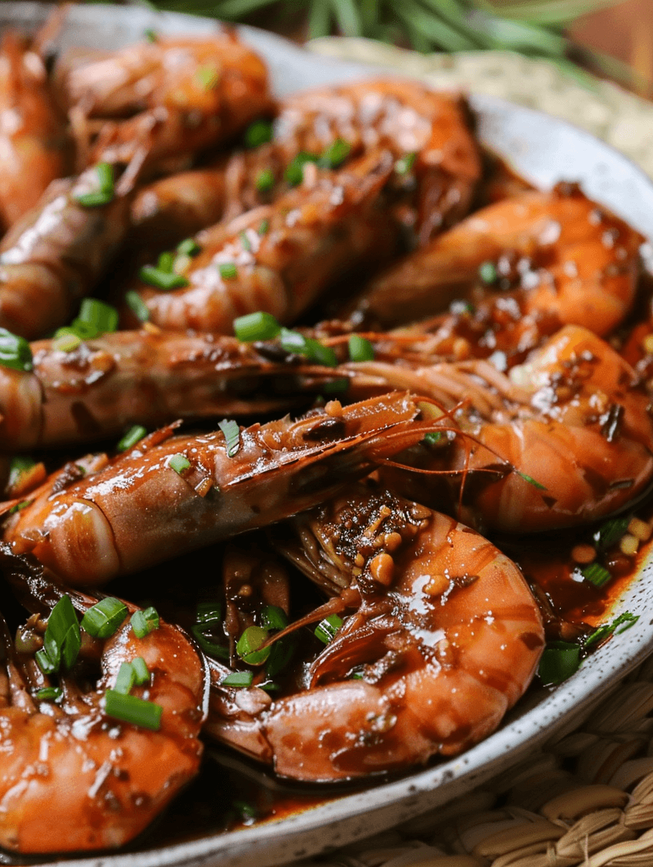 A close-up of Adobong Hipon, a Filipino shrimp dish cooked in soy sauce, vinegar, and garlic.