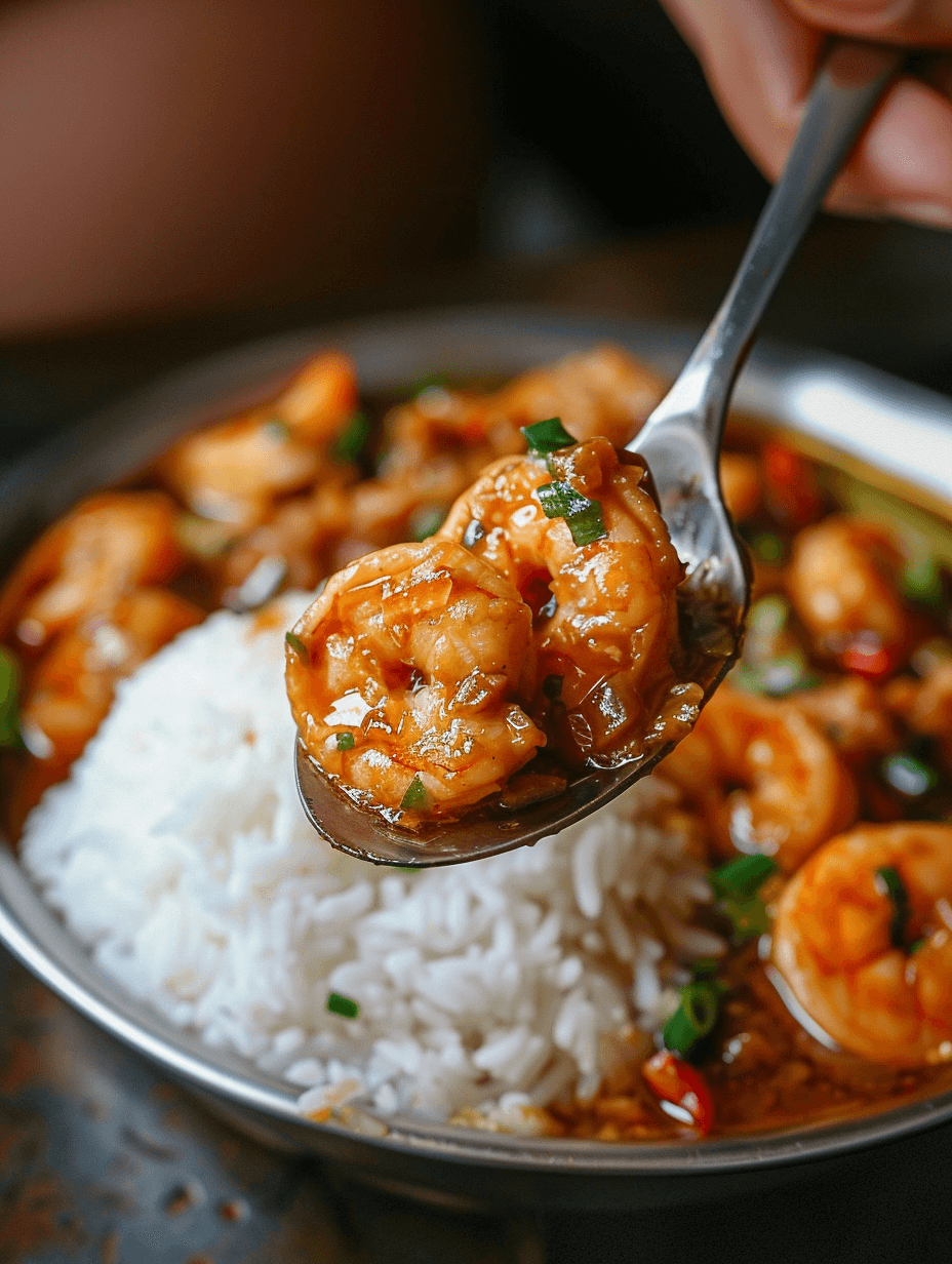 A first-person perspective of enjoying a spoonful of Adobong Hipon with rice.