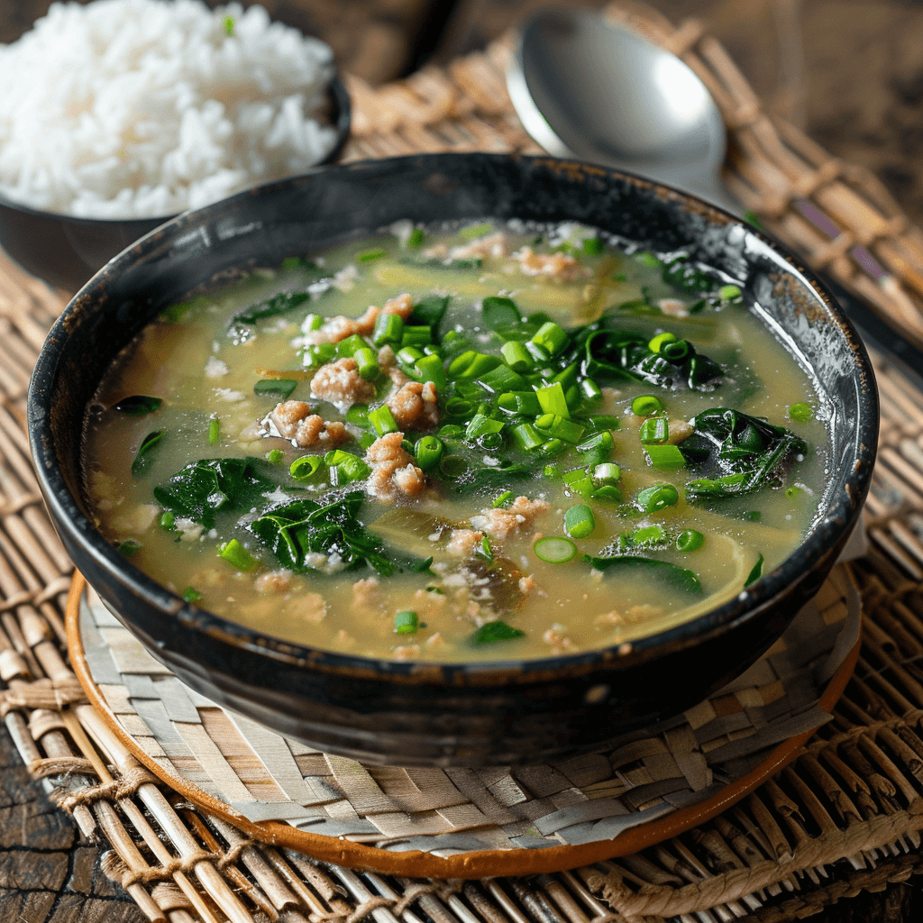 An assortment of fresh ingredients for making Ginisang Monggo, including mung beans, pork, onions, garlic, ginger, bitter melon, and spinach.