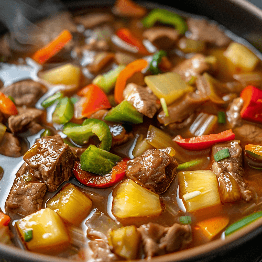 A close-up of Paklay simmering in a pot, showcasing the variety of offal meats, vegetables, and spices.
