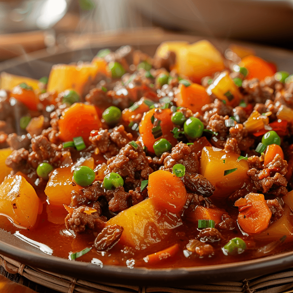A close-up of Filipino Picadillo, showcasing the ground beef, vegetables, and rich tomato sauce.
