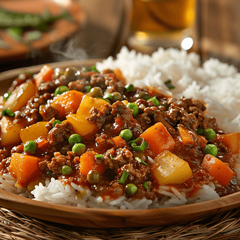 An assortment of fresh ingredients for making Filipino Picadillo, including ground beef, potatoes, carrots, green peas, and raisins.