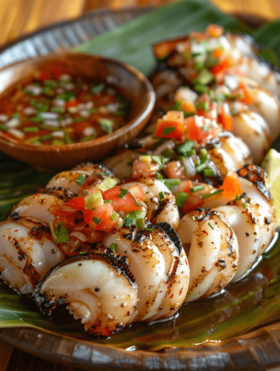 A close-up of Inihaw na Pusit, grilled squid stuffed with tomatoes and onions.