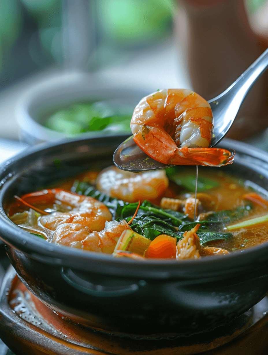 A first-person perspective of enjoying a spoonful of Sinigang na Hipon, with shrimp, vegetables, and a tangy broth.