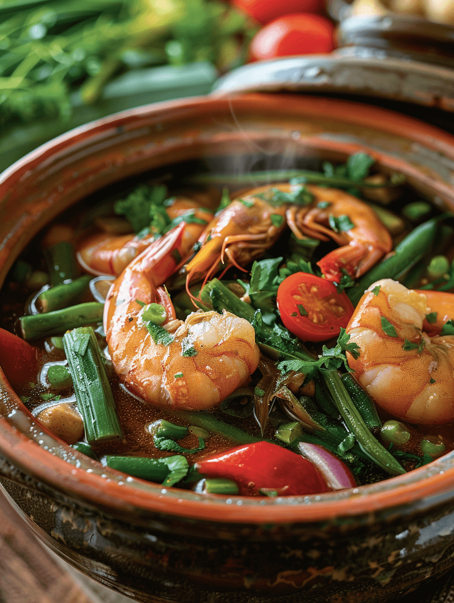 A close-up of Sinigang na Hipon, a Filipino shrimp soup with a tangy tamarind broth and vegetables.