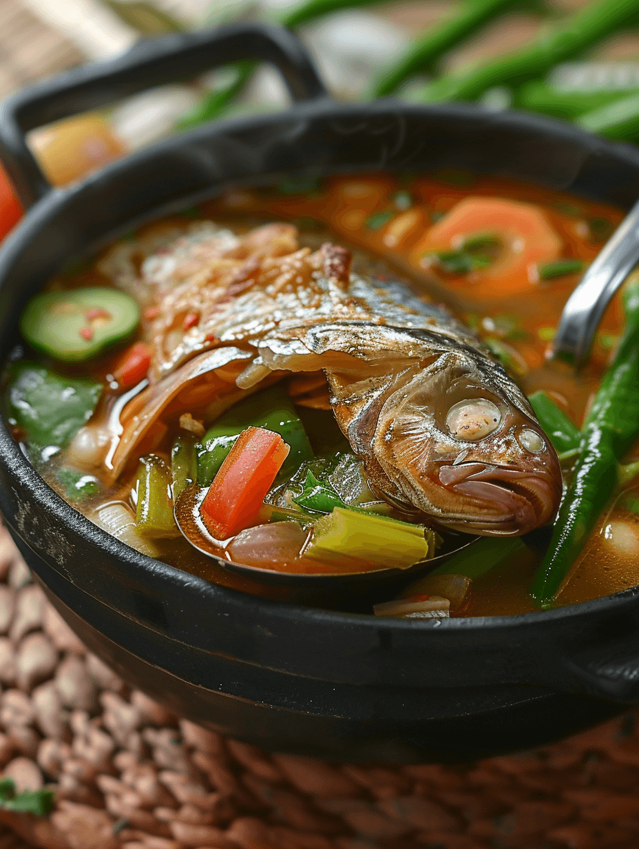 A close-up of Sinigang na Isda, a Filipino fish soup with a tangy tamarind broth, fish, and vegetables.