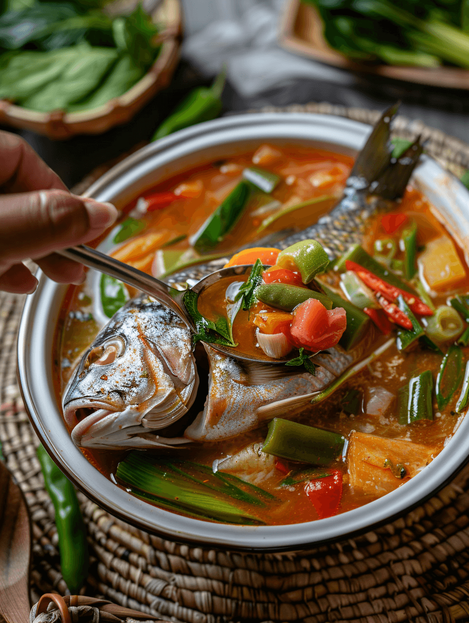An assortment of fresh ingredients for making Sinigang na Isda, including fish, vegetables, and spices.