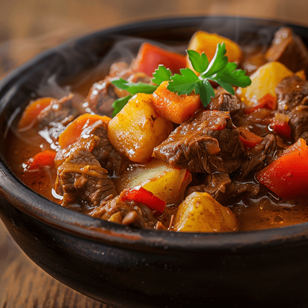 An assortment of fresh ingredients for making Kaldereta, including beef, vegetables, and spices.