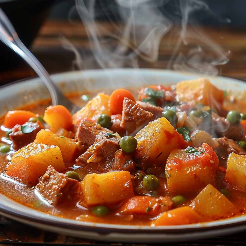 A plate of Menudo served with steamed rice, garnished with a sprinkle of parsley.