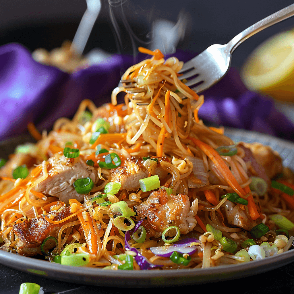 A close-up of a plate of Pancit Canton, a Filipino noodle dish with stir-fried noodles, vegetables, and meat.