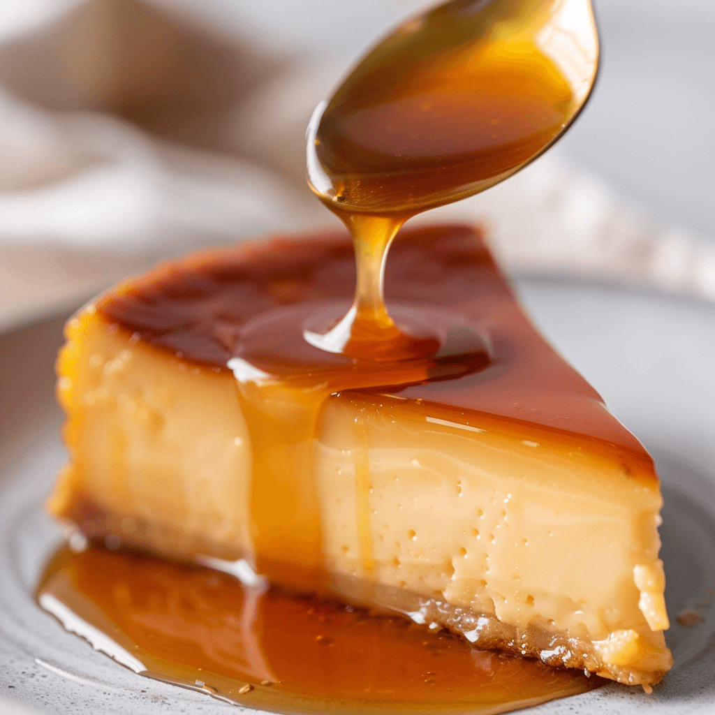 A smooth, creamy slice of leche flan with a glistening caramel topping.
