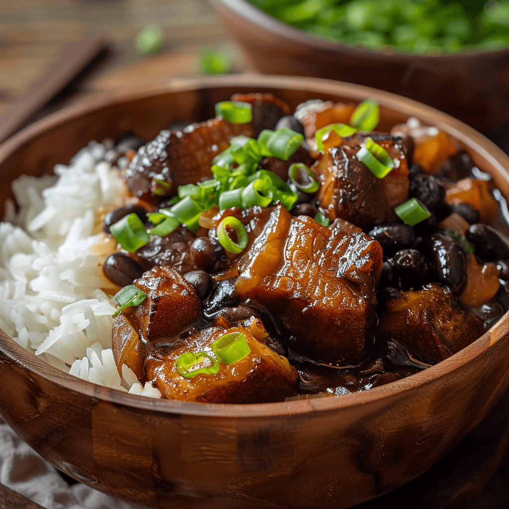 A plate of steamed white rice topped with a generous serving of Boholano Humba.