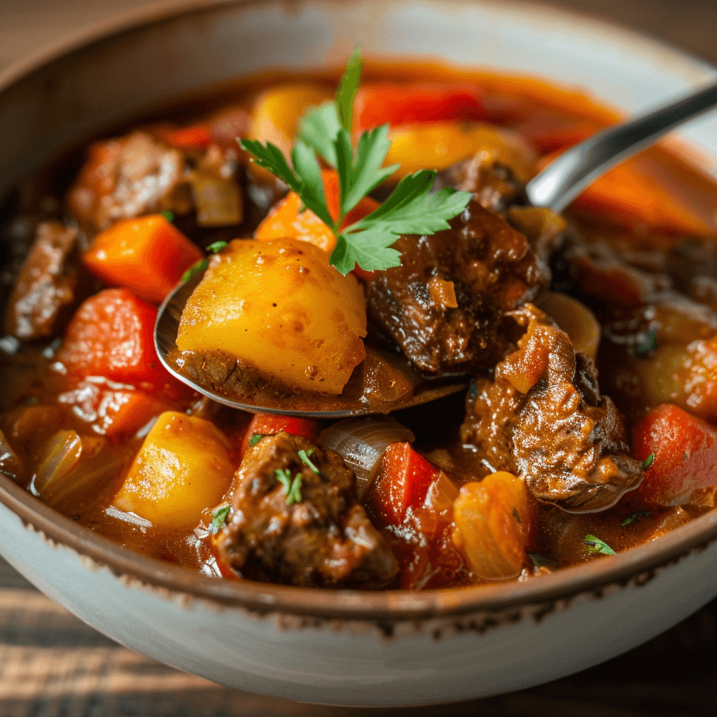 A close-up of a bowl of Kaldereta, showcasing the tender beef, colorful vegetables, and rich tomato sauce.